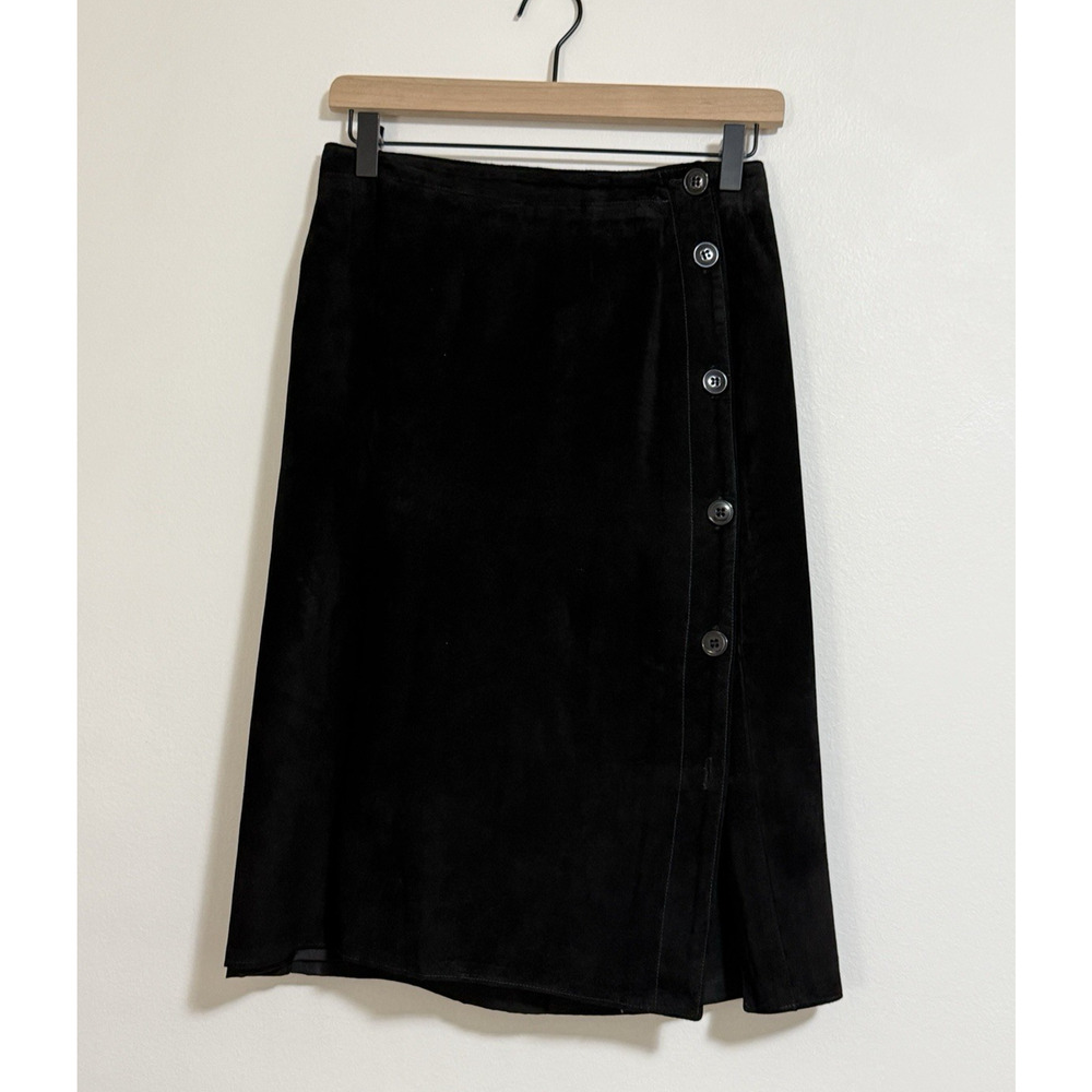 Ann Taylor Vintage Black A-Line‎ Mini Skirt Side Button 8 Lined Faux Suede LOOK!